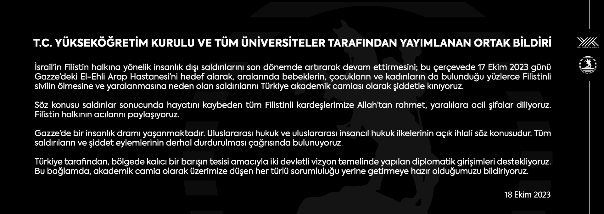 Yükseköğretim Kurulu ve Tüm Üniversiteler Tarafından Yayımlanan Ortak Bildiri 